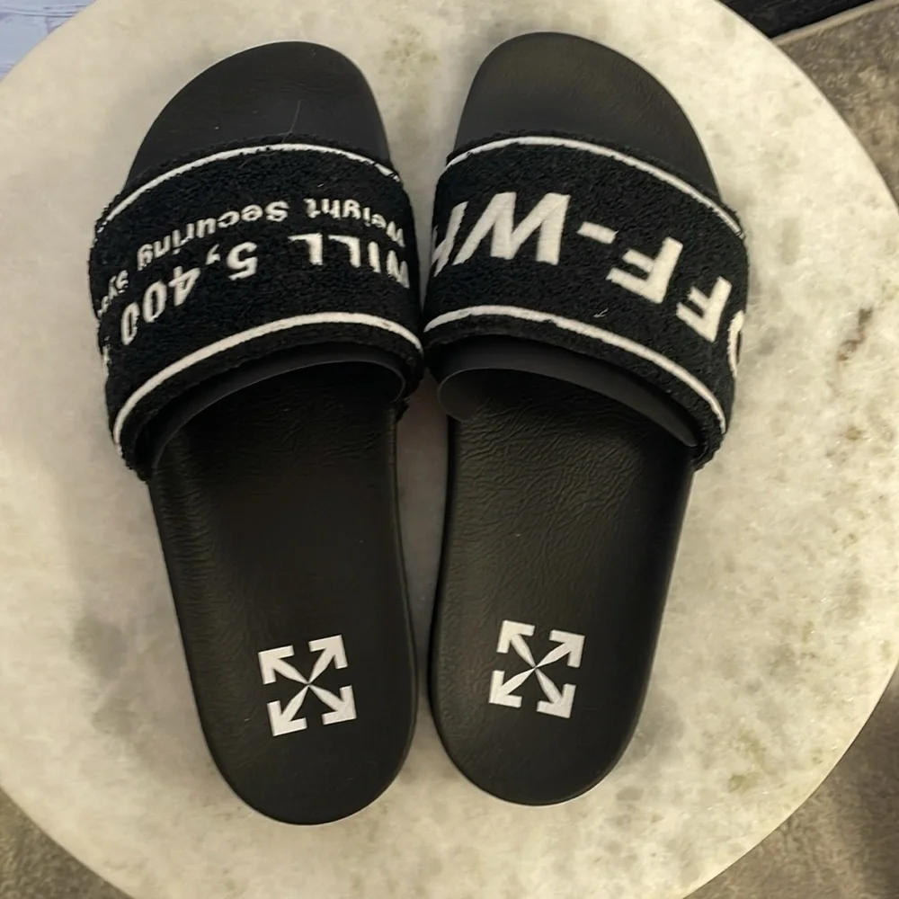 Off-White Black & White Terry textured Logo Slide Sandals
